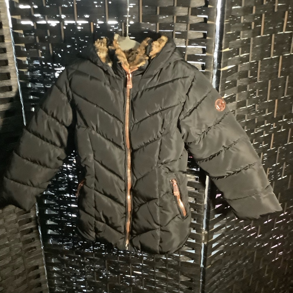 Kensie Girl Charcoal Puffer Jacket with Faux Fur